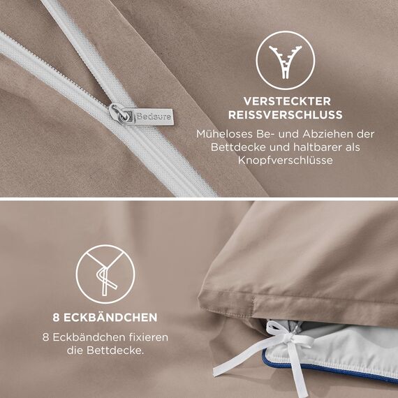 BEDSURE Bettwäsche 200x200 Baumwolle Khaki - Bettwäsche-Sets 200 x 200 cm Bettbezug 3teilig mit 2 Kissenbezüge 80x80 cm, Oeko-TEX Bedding Taupe mit Reißverschluss