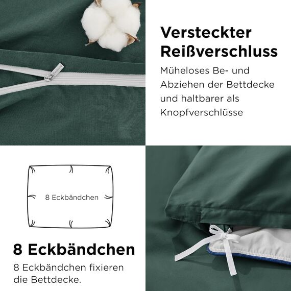 BEDSURE Bettwäsche 220x240 Baumwolle Dunkelgrün - Bettwäsche-Sets 240 x 220 cm Bettbezug 3teilig mit 2 Kissenbezüge 80x80 cm, Oeko-TEX Bedding Grün mit Reißverschluss