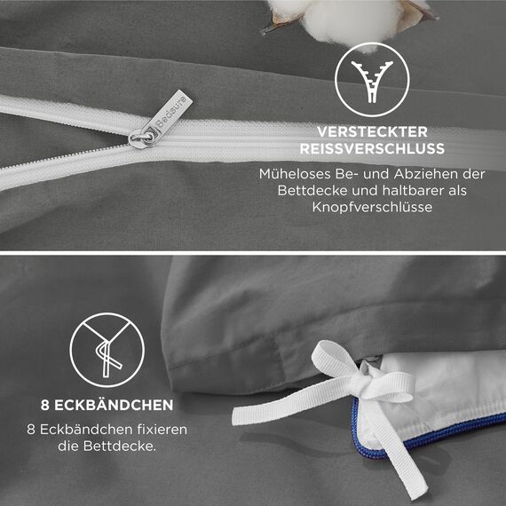 BEDSURE Bettwäsche 135x200 Baumwolle 4teilig - Bettwäsche-Sets für Kinder und Erwachsene, 2 Bettbezug & 2 Kissenbezüge 80x80 cm, Oeko-TEX Bedding Anthrazit mit Reißverschluss