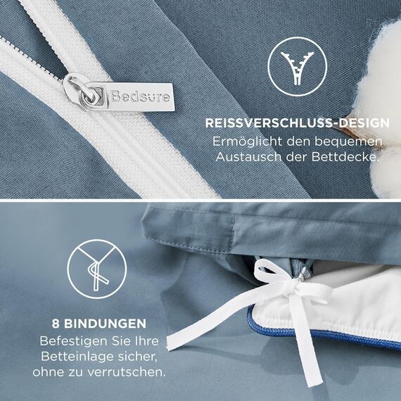 BEDSURE Bettwäsche 155x220 Baumwolle Graublau - Bettwäsche-Sets 155 x 220 cm Bettbezug 3teilig mit 2 Kissenbezüge 80x80 cm, Oeko-TEX Bedding Blau mit Reißverschluss