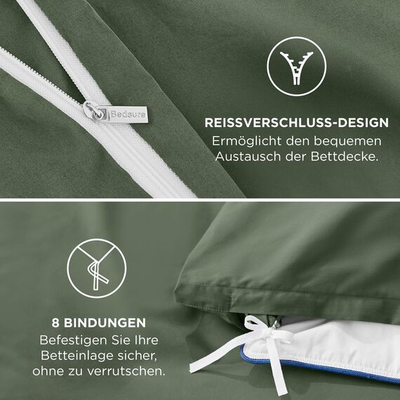 BEDSURE Bettwäsche 200x200 Baumwolle Grauolivgrün - Bettwäsche-Sets 200 x 200 cm Bettbezug 3teilig mit 2 Kissenbezüge 80x80 cm, Oeko-TEX Bedding Grün mit Reißverschluss
