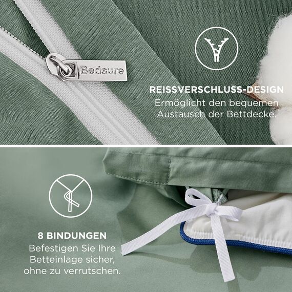 BEDSURE Bettwäsche 155x220 Baumwolle Grün - Bettwäsche-Sets 155 x 220 cm Bettbezug 3teilig mit 2 Kissenbezüge 80x80 cm, Oeko-TEX Bedding Salbeigrün mit Reißverschluss