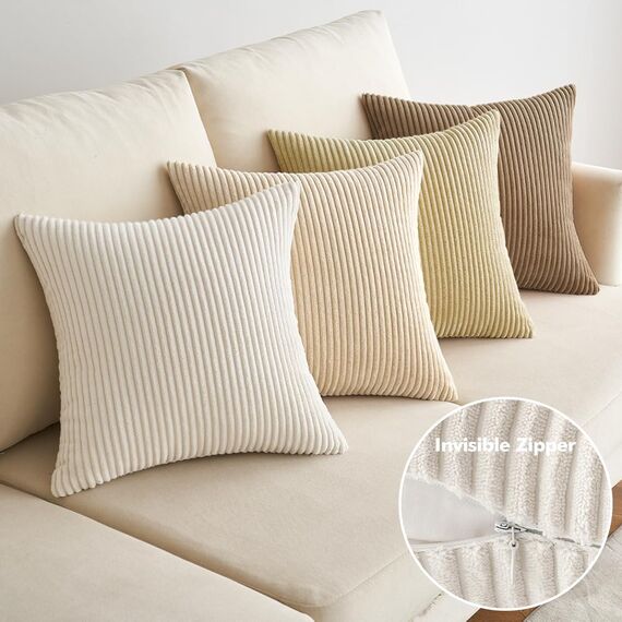 EMEMA Kissenbezug 40x40 cm Kordsamt Kissenbezüge 4er Set Dekokissen Sofakissen Kord Kissenhülle Zierkissenbezug Dekorative Cord Kissen Weiche für Sofa Wohnzimmer Schlafzimmer Beige Serie