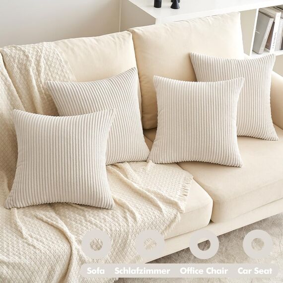 EMEMA Kissenbezug 40x40 cm Kordsamt Kissenbezüge 4er Set Dekokissen Sofakissen Kord Kissenhülle Zierkissenbezug Dekorative Cord Kissen Weiche für Sofa Wohnzimmer Schlafzimmer Creme
