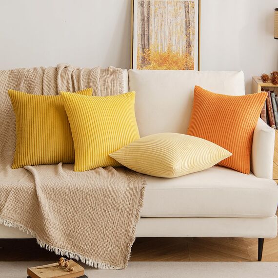 EMEMA Kissenbezug 50x50 cm Kordsamt Herbst Kissenbezüge 4er Set Dekokissen Sofakissen Kord Kissenhülle Zierkissenbezug Dekorative Cord Kissen Weiche für Sofa Wohnzimmer Schlafzimmer Orange Serie