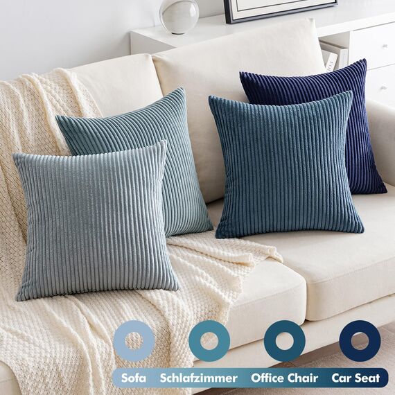 EMEMA Kissenbezug 50x50 cm Kordsamt Kissenbezüge 4er Set Dekokissen Sofakissen Kord Kissenhülle Zierkissenbezug Dekorative Cord Kissen Weiche für Sofa Wohnzimmer Schlafzimmer Dunkelblau Serie