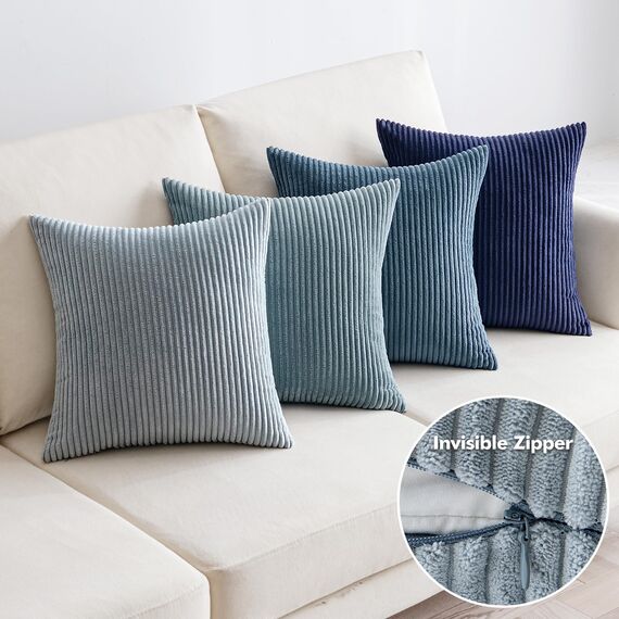 EMEMA Kissenbezug 45x45 cm Kordsamt Kissenbezüge 4er Set Dekokissen Sofakissen Kord Kissenhülle Zierkissenbezug Dekorative Cord Kissen Weiche für Sofa Wohnzimmer Schlafzimmer Dunkelblau Serie
