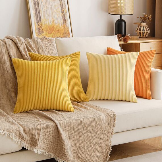 EMEMA Kissenbezug 50x50 cm Kordsamt Herbst Kissenbezüge 4er Set Dekokissen Sofakissen Kord Kissenhülle Zierkissenbezug Dekorative Cord Kissen Weiche für Sofa Wohnzimmer Schlafzimmer Orange Serie