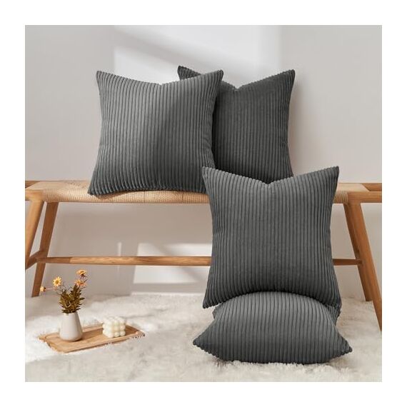 Topfinel Kissenbezug 40x40cm Dunkel Grau Kissenbezüge 4er Set Kissenhülle Kordsamt Dekokissenbezug sofakissen dekokissen deko für Sofa Schlafzimmer Wohnzimmer Balkon Kinder flauschig,Gestreift