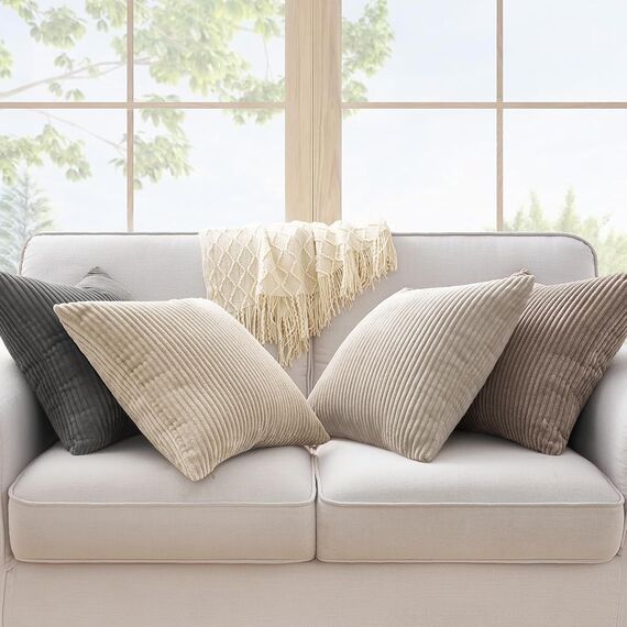 Topfinel 4er Set Kissenbezug 45x45 Cord mit Gestreiftem Dekokissen für Sofa Schlafzimmer Wohnzimmer, Flauschige Kissenhülle Natural in Kinderzimmer, Dekorativ und Weich