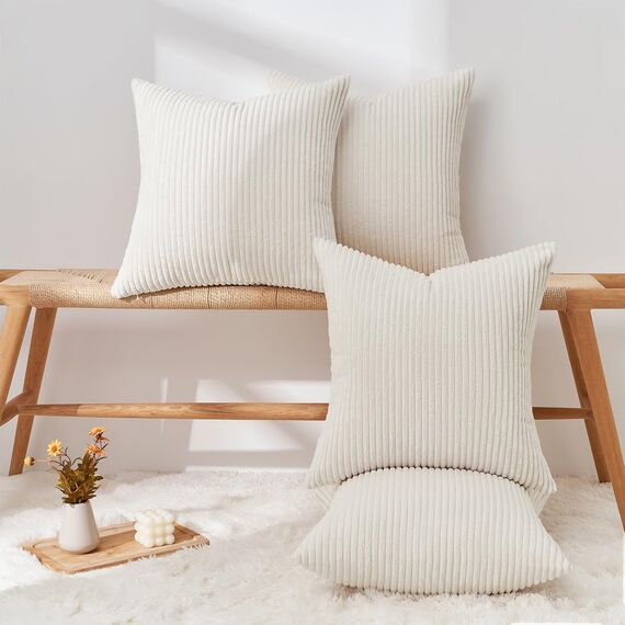 Topfinel 4er Set Samt Kissenbezug Kissenhülle Kopfkissenbezug Dekorative Dekokissen Couchkissen Deko Bezug Sofakissenbezug für Wohnzimmer Schlafzimmer Büro 50x50 cm,Cord-Creme
