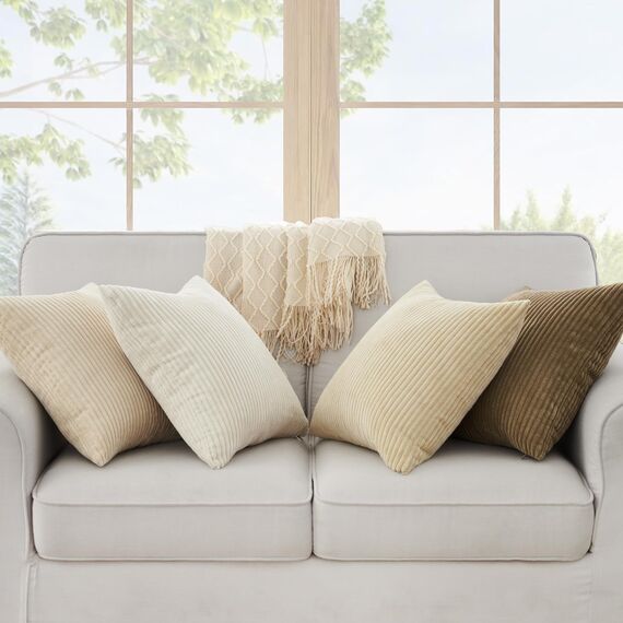 Topfinel Kissenbezug Beige 50x50 4er Set Kordsamt Kissenbezüge Kissenhülle Dekokissenbezug Sofakissen Dekokissen Deko für Sofa Schlafzimmer Wohnzimmer Balkon flauschig Farbverlauf, Gestreift