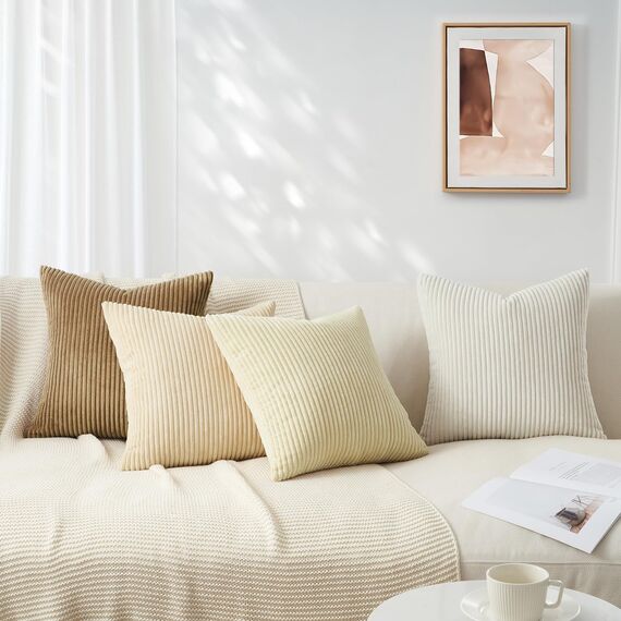 Topfinel Kissenbezug 40x40 cm Beige 4er Set Kordsamt Kissenbezüge Kissenhülle Dekokissenbezug Sofakissen Dekokissen deko für Sofa Schlafzimmer Wohnzimmer Balkon Kinder Flauschig Farbverlauf