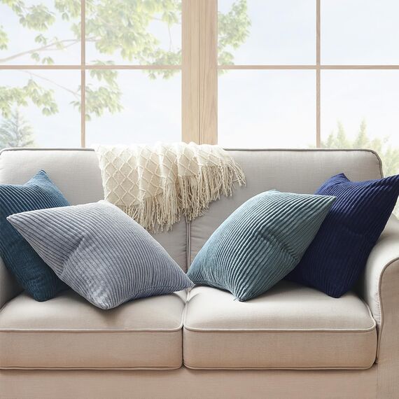 Topfinel Kissenbezug 50x50 cm blau 4er Set Kordsamt Kissenbezüge Kissenhülle Dekokissenbezug sofakissen dekokissen deko für Sofa Schlafzimmer Wohnzimmer Balkon Kinder flauschig Farbverlauf, Gestreift