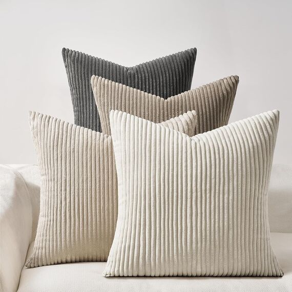 Topfinel 4er Set Kissenbezug 50x50 Cord mit Gestreiftem Dekokissen für Sofa Schlafzimmer Wohnzimmer, Flauschige Kissenhülle Natural in Kinderzimmer, Dekorativ und Weich