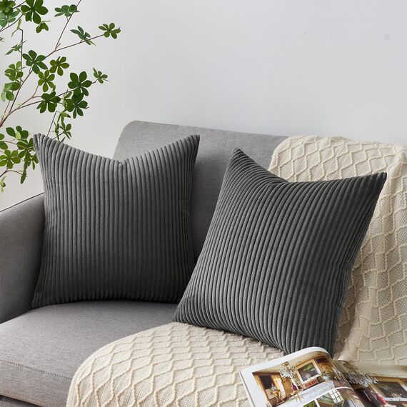 Topfinel Kissenbezug Dunkel Grau 50x50 4er Set Kordsamt Kissenbezüge Kissenhülle Dekokissenbezug sofakissen dekokissen deko für Sofa Schlafzimmer Wohnzimmer Balkon Kinder flauschig,Gestreift