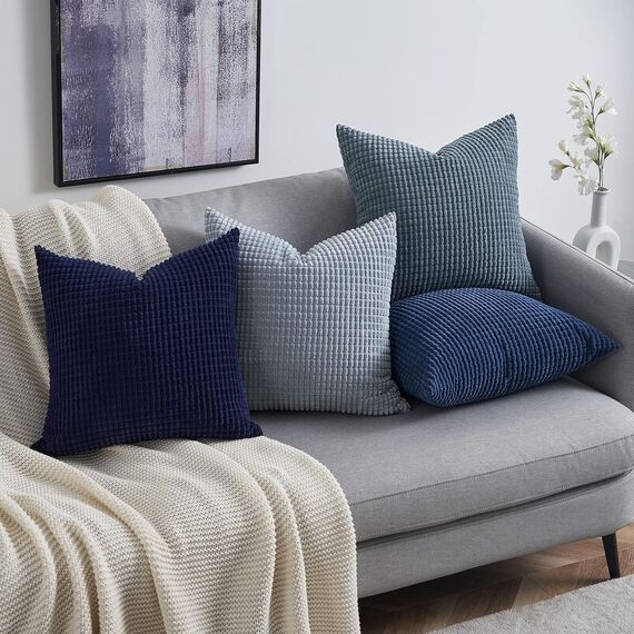 Topfinel Kissenbezug 50x50 Blau 4er Set Cord körnig Farbverlauf Kissenbezüge Kissenhülle Dekokissenbezug Sofakissen Couchkissen für Sofa Schlafzimmer Wohnzimmer Balkon Kinder flauschig