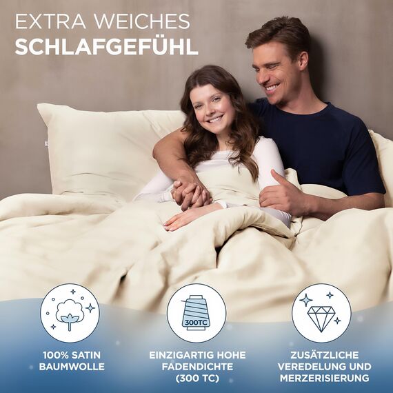 Samthus Bettwäsche 200x200 Baumwolle Satin - Oeko-Tex Made In Green - Himmlisch weicher Schlaf - Bettwäsche-Set mit 1x Bettbezug 200x200 + 2X Kissenbezug 80x80 - Duvet Cover - Beige