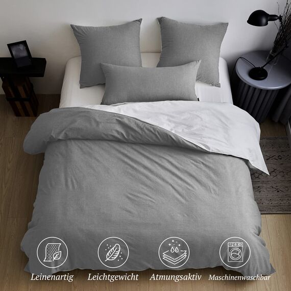 SOULFUL Bettwäsche 220x240 Baumwolle 3 Teilig, Bettwäsche-Sets Rauchgrau mit Reißverschluss, Ähnliche Textur wie Stone Washed Leinen, Enthält 1 Bettbezug 220x240 und 2 Kissenbezug 80x80