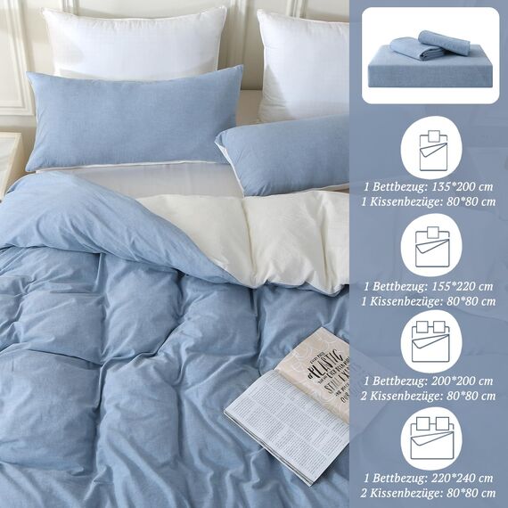 SOULFUL Bettwäsche 220x240 Baumwolle 3 Teilig, Bettwäsche-Sets Haiya Blue mit Reißverschluss, Ähnliche Textur wie Stone Washed Leinen, Enthält 1 Bettbezug 220x240 und 2 Kissenbezug 80x80