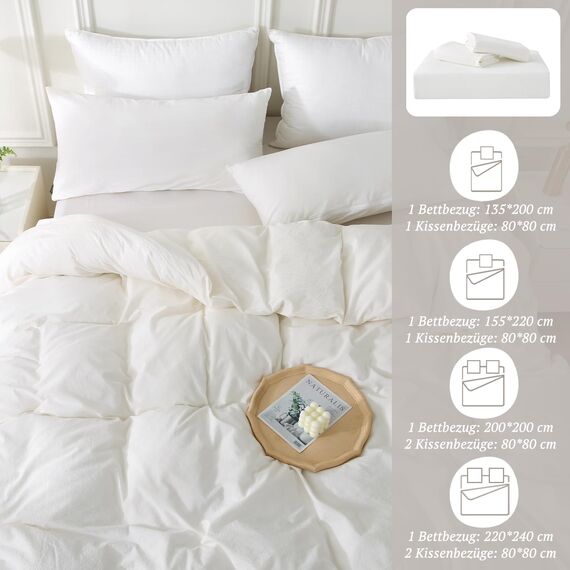 SOULFUL Bettwäsche 155x220 Baumwolle 2 Teilig, Bettwäsche-Sets Milky White mit Reißverschluss, Ähnliche Textur wie Stone Washed Leinen, Enthält 1 Bettbezug 155x220 und 1 Kissenbezug 80x80