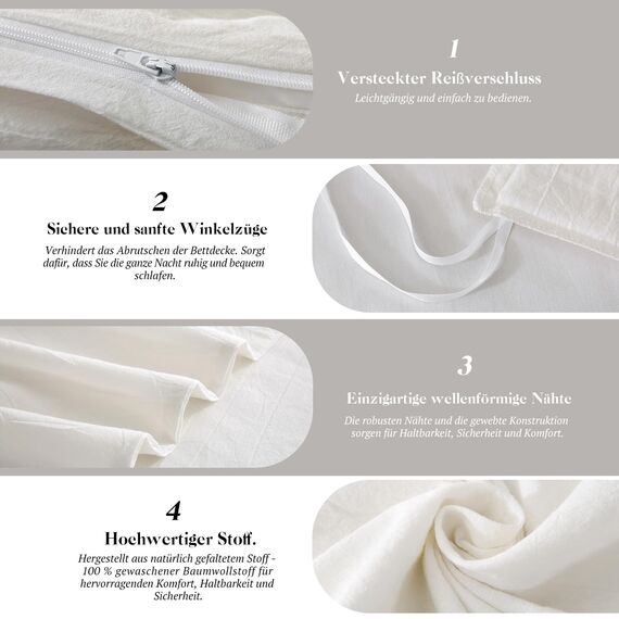 SOULFUL Bettwäsche 155x220 Baumwolle 2 Teilig, Bettwäsche-Sets Milky White mit Reißverschluss, Ähnliche Textur wie Stone Washed Leinen, Enthält 1 Bettbezug 155x220 und 1 Kissenbezug 80x80