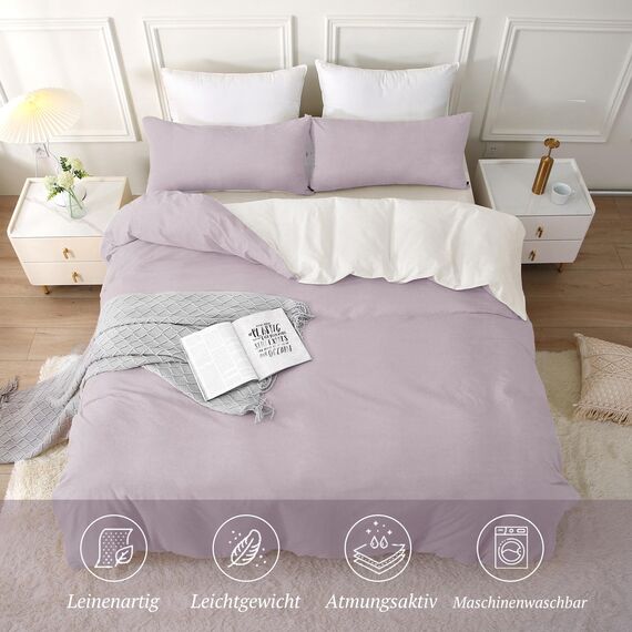 SOULFUL Bettwäsche 220x240 Baumwolle 3 Teilig, Bettwäsche-Sets Pastelllila mit Reißverschluss, Ähnliche Textur wie Stone Washed Leinen, Enthält 1 Bettbezug 220x240 und 2 Kissenbezug 80x80