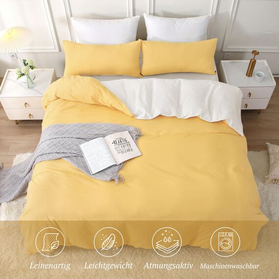 SOULFUL Bettwäsche 155x220 Baumwolle 2 Teilig, Bettwäsche-Sets Gelb mit Reißverschluss, Ähnliche Textur wie Stone Washed Leinen, Enthält 1 Bettbezug 155x220 und 1 Kissenbezug 80x80