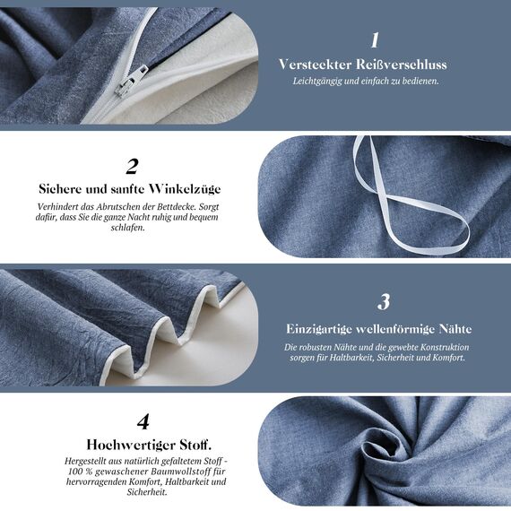 SOULFUL Bettwäsche 155x220 Baumwolle 2 Teilig, Bettwäsche-Sets Denim Blue mit Reißverschluss, Ähnliche Textur wie Stone Washed Leinen, Enthält 1 Bettbezug 155x220 und 1 Kissenbezug 80x80