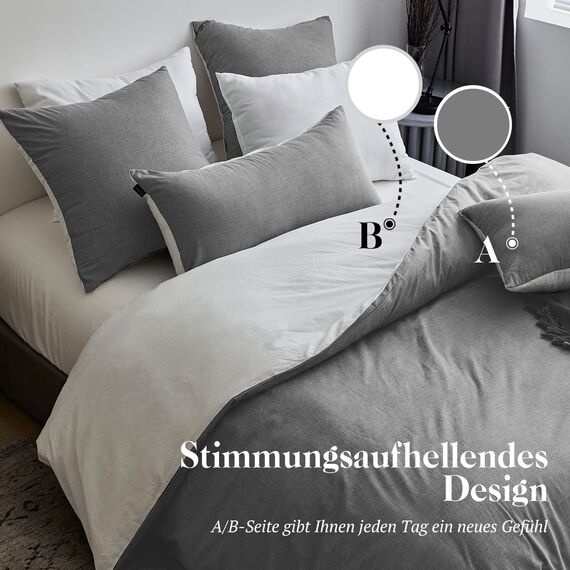 SOULFUL Bettwäsche 220x240 Baumwolle 3 Teilig, Bettwäsche-Sets Rauchgrau mit Reißverschluss, Ähnliche Textur wie Stone Washed Leinen, Enthält 1 Bettbezug 220x240 und 2 Kissenbezug 80x80