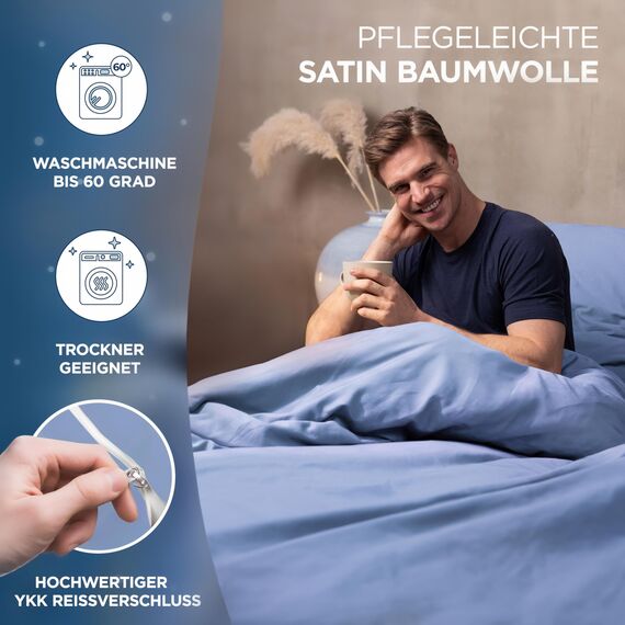 Samthus Kopfkissenbezug 70x90 Baumwolle Satin - Oeko-Tex Made In Green - Himmlisch weicher Schlaf mit atmungsaktivem Kissenbezug - 1x Kissenhülle - Hellblau - mit YKK Reißverschluss
