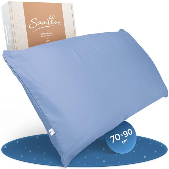 Samthus Kopfkissenbezug 70x90 Baumwolle Satin - Oeko-Tex Made In Green - Himmlisch weicher Schlaf mit atmungsaktivem Kissenbezug - 1x Kissenhülle - Hellblau - mit YKK Reißverschluss