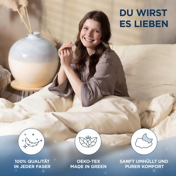 Samthus Bettwäsche 140x200 Baumwolle Satin - Oeko-Tex Made In Green - Himmlisch weicher Schlaf - Bettwäsche-Set mit 1x Bettbezug 140x200 + 1x Kissenbezug 70x90 - Duvet Cover - Beige