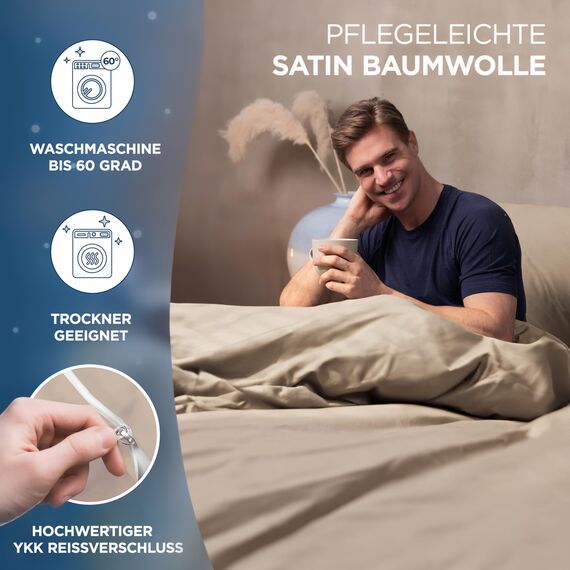 Samthus Bettwäsche 155x220 Baumwolle Satin - Oeko-Tex Made In Green - Himmlisch weicher Schlaf - Bettwäsche-Set mit 1x Bettbezug 155x220 + 1x Kissenbezug 80x80 - Duvet Cover - Taupe