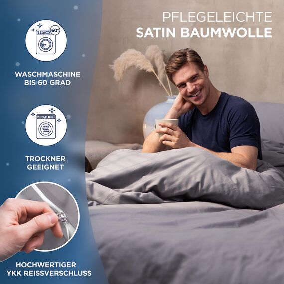 Samthus Bettwäsche 135x200 Baumwolle Satin - Oeko-Tex Made In Green - Himmlisch weicher Schlaf - Bettwäsche-Set mit 1x Bettbezug 135x200 + 1x Kissenbezug 40x80 - Duvet Cover - Grau