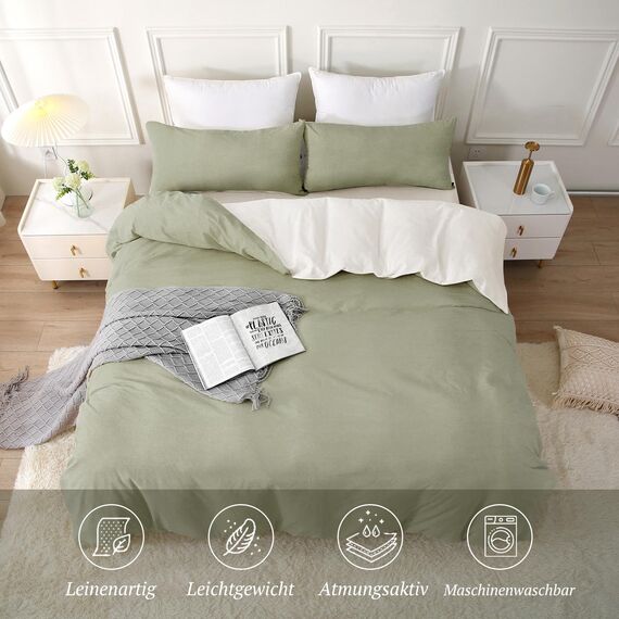 SOULFUL Bettwäsche 135x200 Baumwolle 4 Teilig, Bettwäsche-Sets Vintagegrün mit Reißverschluss, Ähnliche Textur wie Stone Washed Leinen, Enthält 2 Bettbezug 135x200 und 2 Kissenbezug 80x80
