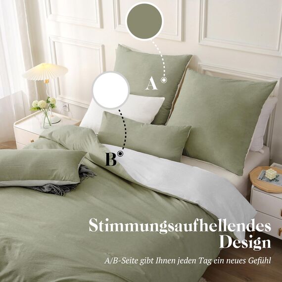 SOULFUL Bettwäsche 135x200 Baumwolle 4 Teilig, Bettwäsche-Sets Vintagegrün mit Reißverschluss, Ähnliche Textur wie Stone Washed Leinen, Enthält 2 Bettbezug 135x200 und 2 Kissenbezug 80x80