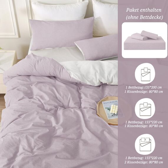 SOULFUL Bettwäsche 135x200 Baumwolle 2 Teilig, Bettwäsche-Sets Pastelllila mit Reißverschluss, Ähnliche Textur wie Stone Washed Leinen, Enthält 1 Bettbezug 135x200 und 1 Kissenbezug 80x80