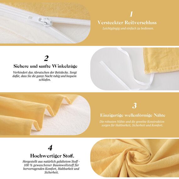 SOULFUL Bettwäsche 135x200 Baumwolle 2 Teilig, Bettwäsche-Sets Gelb mit Reißverschluss, Ähnliche Textur wie Stone Washed Leinen, Enthält 1 Bettbezug 135x200 und 1 Kissenbezug 80x80