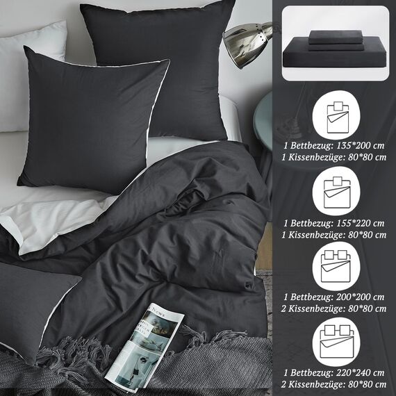 SOULFUL Bettwäsche Sets, 135x200 Anthrazit, 100% Gewaschene Baumwolle mit Leinenartigem Griff, ÖkoTex Zertifiziert & für Allergiker Geeignet, 1 Bettbezug & 1 Kissenbezügen 80x80