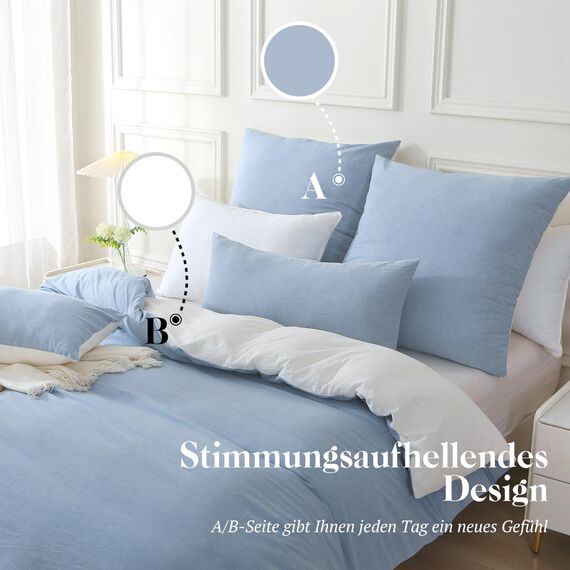 SOULFUL Bettwäsche 200x200 Baumwolle 3 Teilig, Bettwäsche-Sets Haiya Blue mit Reißverschluss, Ähnliche Textur wie Stone Washed Leinen, Enthält 1 Bettbezug 200x200 und 2 Kissenbezug 80x80