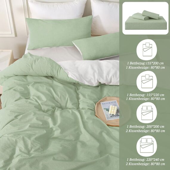 SOULFUL Bettwäsche 200x200 Baumwolle 3 Teilig, Bettwäsche-Sets Limonengrün mit Reißverschluss, Ähnliche Textur wie Stone Washed Leinen, Enthält 1 Bettbezug 200x200 und 2 Kissenbezug 80x80