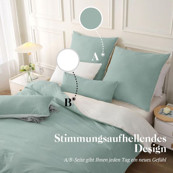 SOULFUL Bettwäsche 200x200 Baumwolle 3 Teilig, Bettwäsche-Sets Aquagrün mit Reißverschluss, Ähnliche Textur wie Stone Washed Leinen, Enthält 1 Bettbezug 200x200 und 2 Kissenbezug 80x80