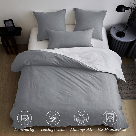 SOULFUL Bettwäsche 135x200 Baumwolle 4 Teilig, Bettwäsche-Sets Dunkelgrau mit Reißverschluss, Ähnliche Textur wie Stone Washed Leinen, Enthält 2 Bettbezug 135x200 und 2 Kissenbezug 80x80