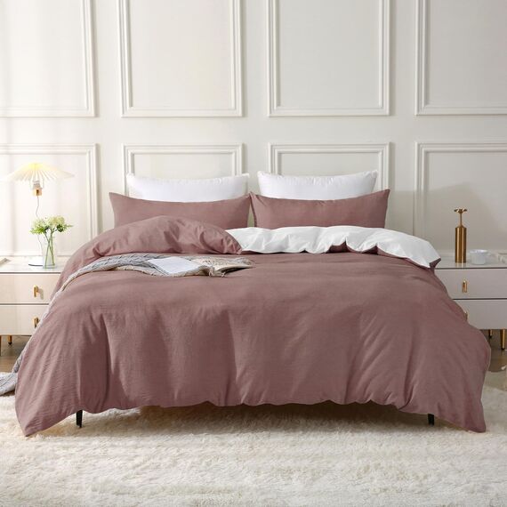 SOULFUL Bettwäsche 135x200 Baumwolle 4 Teilig, Bettwäsche-Sets Ziegelrot mit Reißverschluss, Ähnliche Textur wie Stone Washed Leinen, Enthält 2 Bettbezug 135x200 und 2 Kissenbezug 80x80