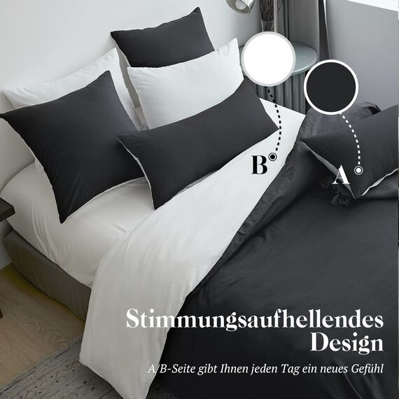 SOULFUL Bettwäsche 135x200 Baumwolle 4 Teilig, Bettwäsche-Sets Anthrazit mit Leinenartigem Griff, ÖkoTex Zertifiziert & für Allergiker Geeignet, 2 Bettbezug & 2 Kissenbezügen 80x80