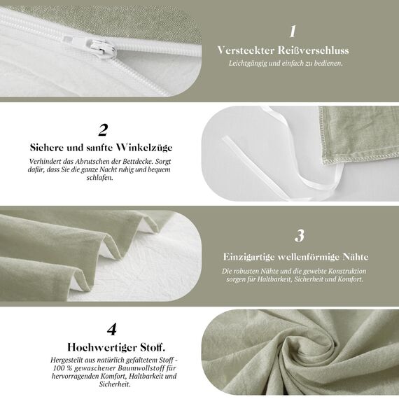 SOULFUL Bettwäsche 200x200 Baumwolle 3 Teilig, Bettwäsche-Sets Vintagegrün mit Reißverschluss, Ähnliche Textur wie Stone Washed Leinen, Enthält 1 Bettbezug 200x200 und 2 Kissenbezug 80x80