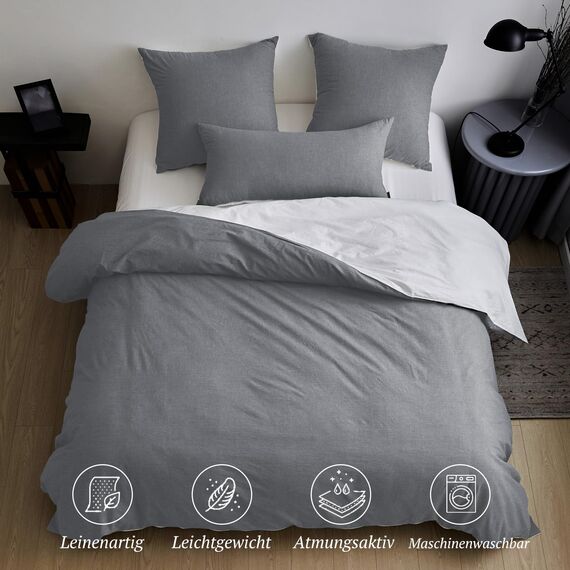 SOULFUL Bettwäsche 135x200 Baumwolle 2 Teilig, Bettwäsche-Sets Dunkelgrau2 mit Reißverschluss, Ähnliche Textur wie Stone Washed Leinen, Enthält 1 Bettbezug 135x200 und 1 Kissenbezug 80x80