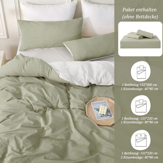 SOULFUL Bettwäsche 135x200 Baumwolle 4 Teilig, Bettwäsche-Sets Vintagegrün mit Reißverschluss, Ähnliche Textur wie Stone Washed Leinen, Enthält 2 Bettbezug 135x200 und 2 Kissenbezug 80x80