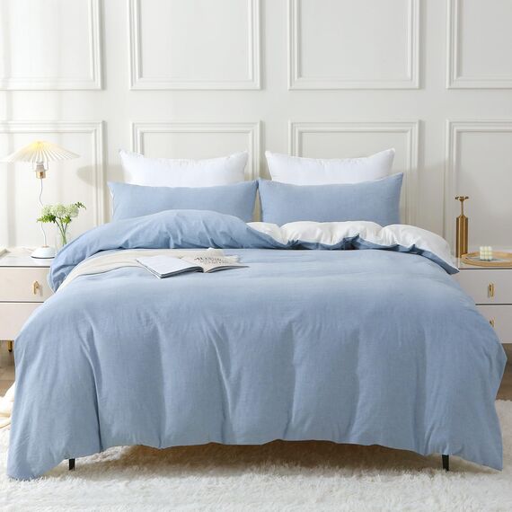 SOULFUL Bettwäsche 200x200 Baumwolle 3 Teilig, Bettwäsche-Sets Haiya Blue mit Reißverschluss, Ähnliche Textur wie Stone Washed Leinen, Enthält 1 Bettbezug 200x200 und 2 Kissenbezug 80x80